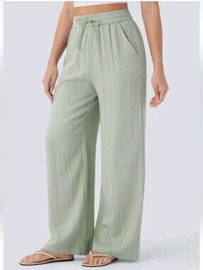 Halara Women's Linen Feel Pants Sage Green Pocket High Waisted Drawstring M